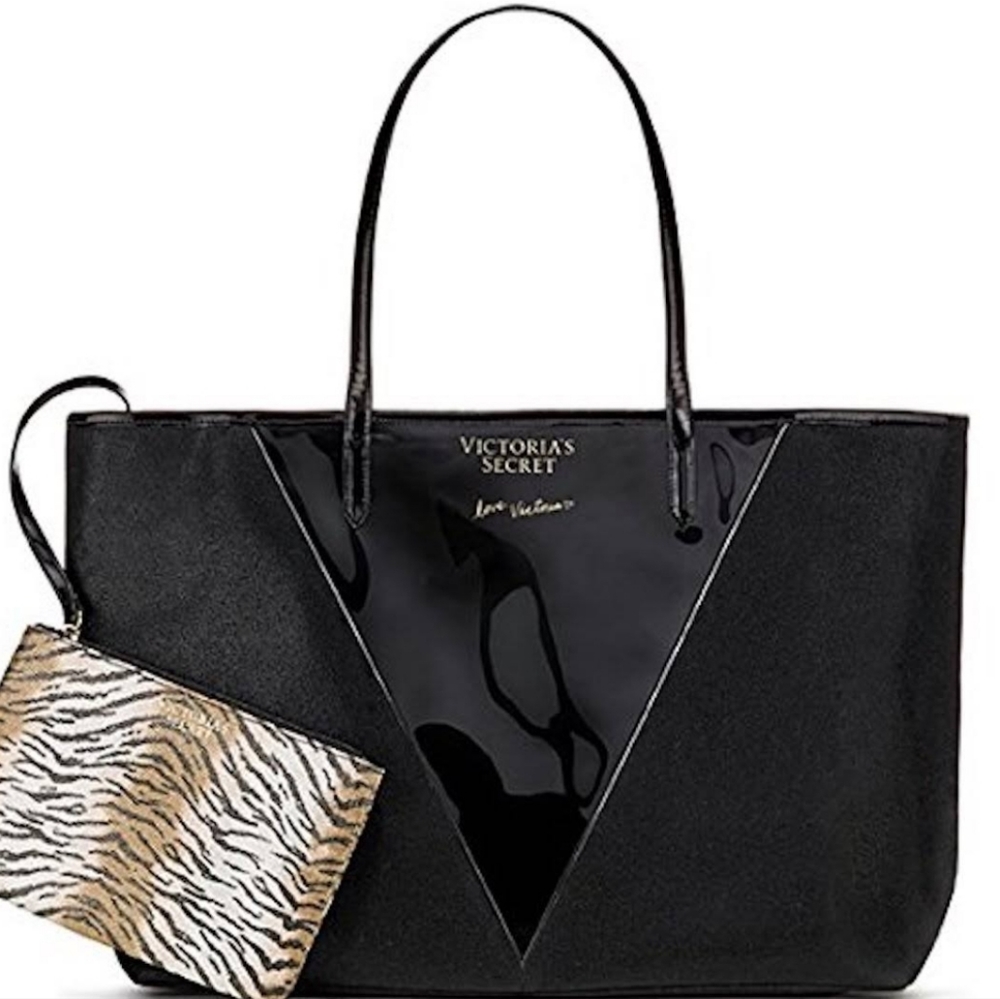 Victoria Secret Tote Bag Purse Black Sparkle Leopard Printed Pouch Logo …